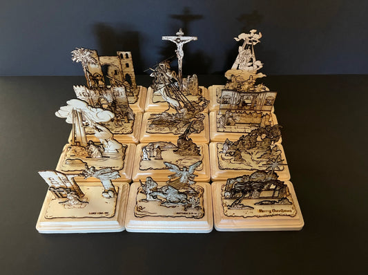 原創手工雷射木雕聖經作品「耶穌誕生」「耶穌受難」「耶穌復活」